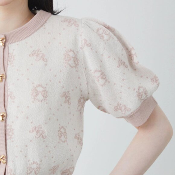 Ank Rouge Pink and White Contrast Monogram Puff Short Sleeved Knit Cardigan - Picture 4 of 6